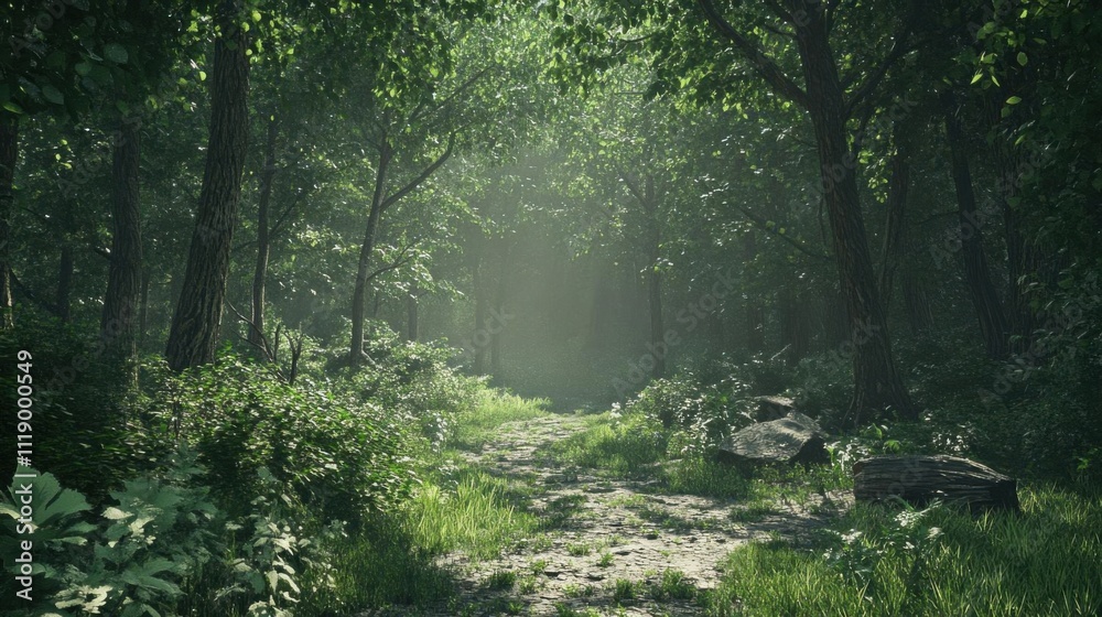 Explore Lush Forest Trails: Sunlit Path, Tranquil Green, Serene Nature Escape