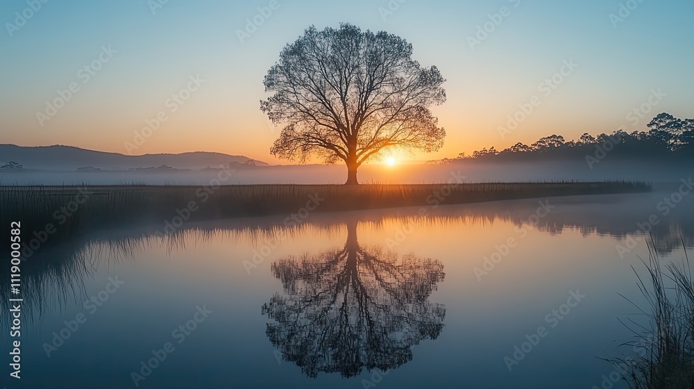 Lone tree in the water at sunrise creating a serene, picturesque landscape view Lone tree in the water at sunrise creating a serene, picturesque landscape view