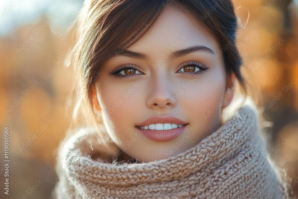 Serene Portrait of a Smiling Young Asian Woman in Cozy Scarf Outdoors in Autumn Park Serene Portrait of a Smiling Young Asian Woman in Cozy Scarf Outdoors in Autumn Park