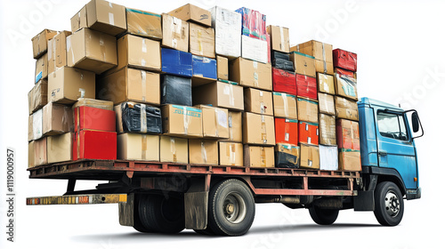 Moving Truck Filled with Boxes and Belongings Against a Bright White Background for Logistic Projects photo