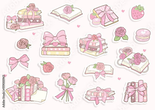 Vintage Girly Bookish, Book Lover Sticker. Vector illustration