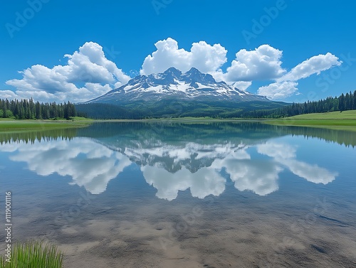 Mountain lake reflects clouds and snow capped peak photo