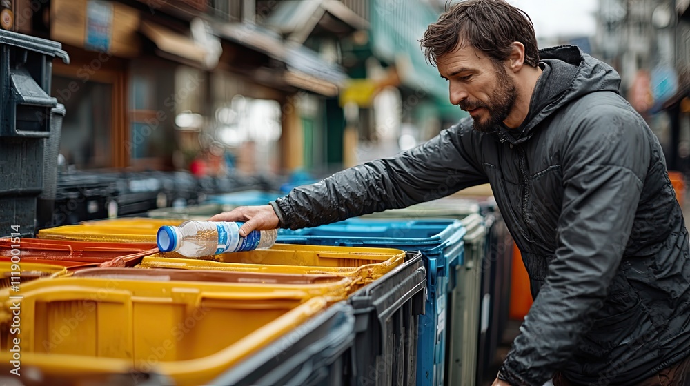 Man placing a plastic bottle into a recycling bin, reinforcing the concept of proper waste sorting Man placing a plastic bottle into a recycling bin, reinforcing the concept of proper waste sorting