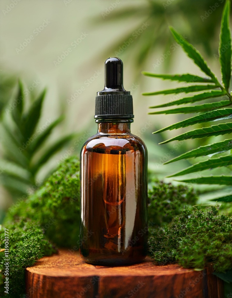 Amber essential oil bottle nestled in lush greenery. Natural beauty. Amber essential oil bottle nestled in lush greenery. Natural beauty.