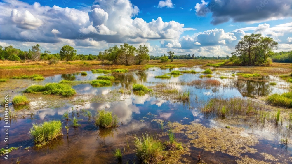 Muddy swampy marshland after rain , bonification, wetland, water, nature, environment, landscape, rain, mud