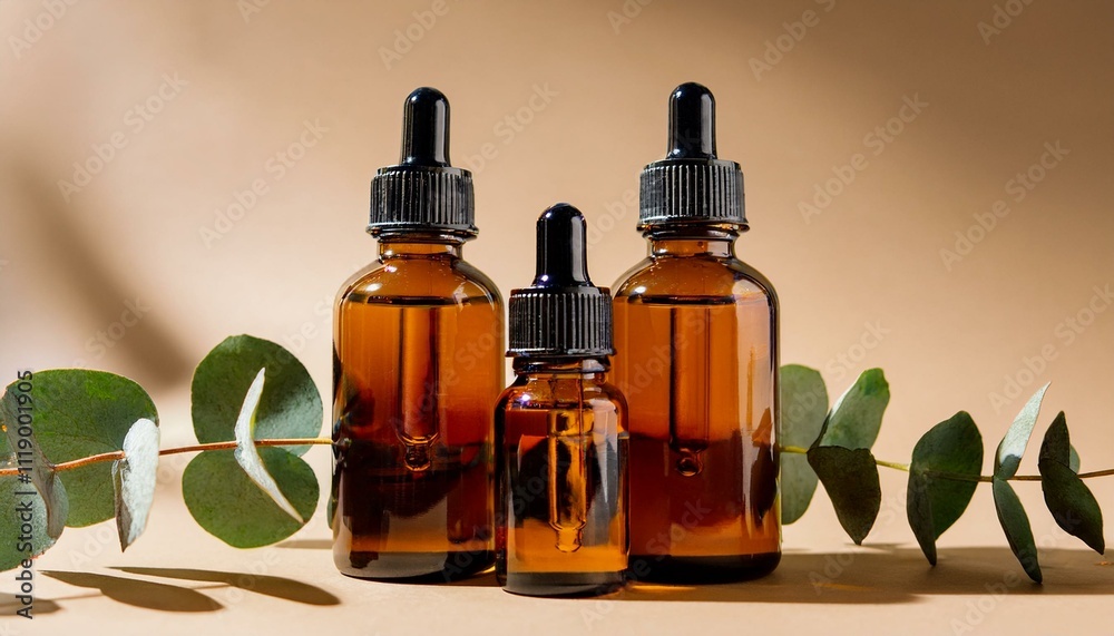 Amber bottles of essential oils sit on a neutral background, accented by eucalyptus sprigs.