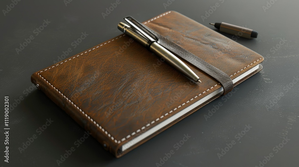 Brown leather notebook with pen and stylus on dark surface. Brown leather notebook with pen and stylus on dark surface.