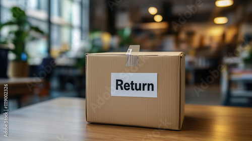 Cardboard Box with 'Return' Sticker, Workplace Blur Background, Stock Image for E-Commerce Concept photo