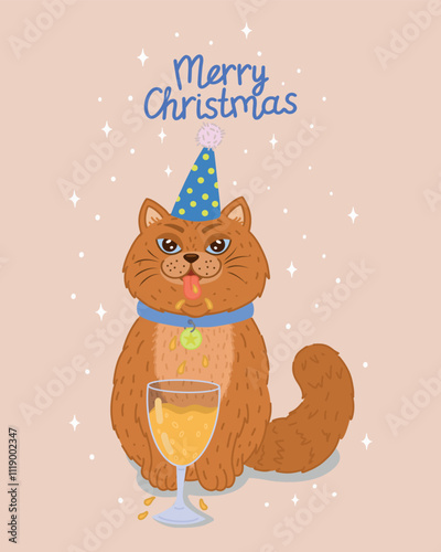 Cute red cat drinks champagne on New Year is Eve