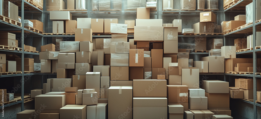 Cardboard Boxes in Warehouse Setting, Representing Logistics, Cargo, and Delivery Services Cardboard Boxes in Warehouse Setting, Representing Logistics, Cargo, and Delivery Services