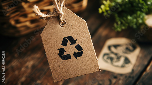 Recycled Brown Cardboard Tag with Black Recycling Symbol, Hanging by Rustic Twine on Sustainable Design Backgroun photo