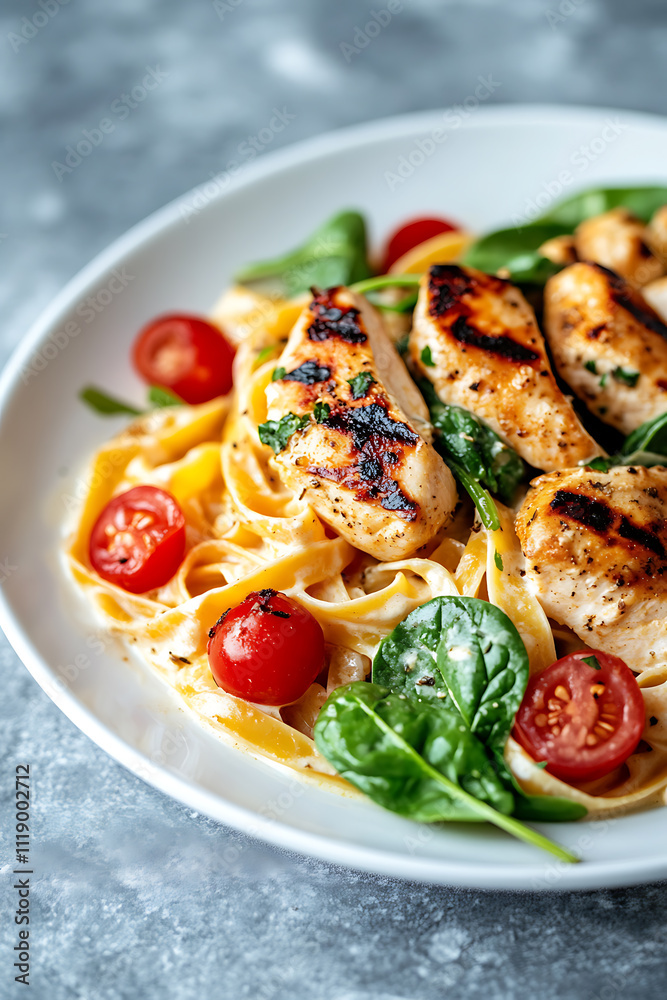 Delicious grilled chicken fettuccine with spinach and cherry tomatoes, showcasing vibrant colors and textures in comforting dish. Perfect for food lovers! Delicious grilled chicken fettuccine with spinach and cherry tomatoes, showcasing vibrant colors and textures in comforting dish. Perfect for food lovers!