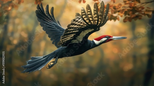 Ivory Billed Woodpecker in Flight Through Forest photo