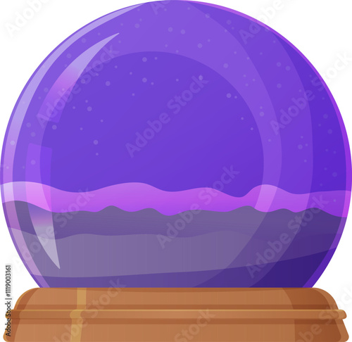 Purple glass crystal ball with a wooden base on a white background. Cartoon illustration isolated on white. Fortune-telling and mysticism concept for design and print.