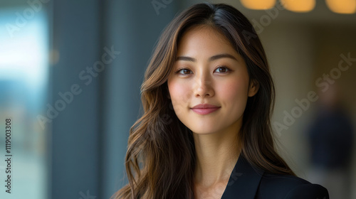 A Confident woman in professional attire, smiling softly in office setting