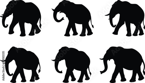 Elephant walking silhouette bundle, Different style elephant using black color, Vector illustration design