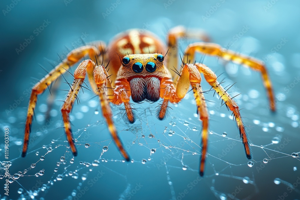 close-up of a spider on an intricate web with glistening dew in soft natural light close-up of a spider on an intricate web with glistening dew in soft natural light