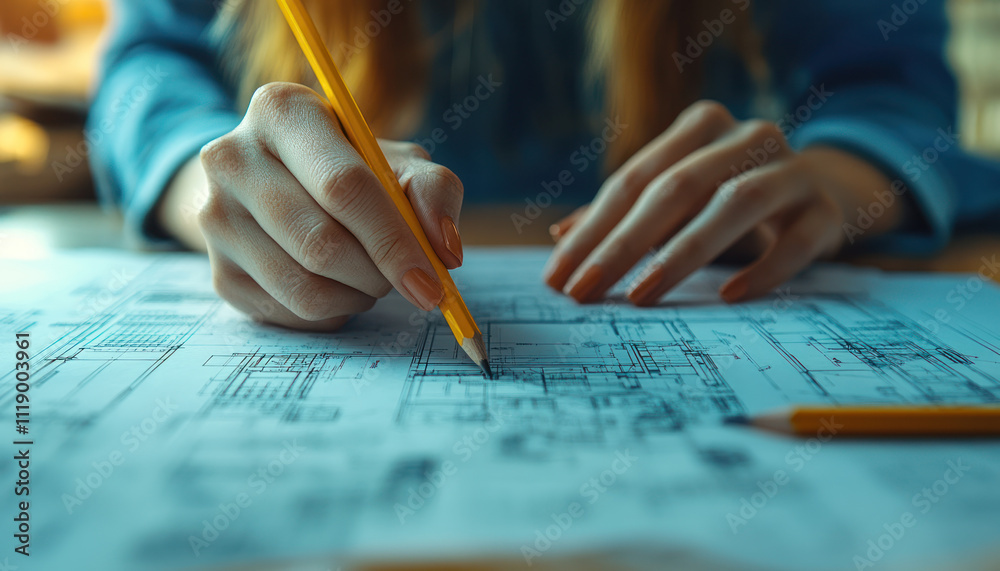 A Close up of hands reviewing architectural plans with pencil A Close up of hands reviewing architectural plans with pencil