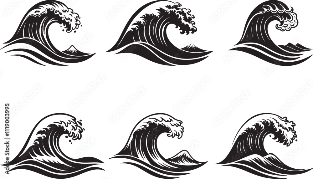 Obraz premium Water waves silhouette bundle vector art illustration design using black color