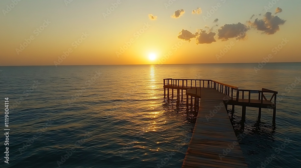 Golden Sunset Over Calm Ocean with Wooden Pier Golden Sunset Over Calm Ocean with Wooden Pier