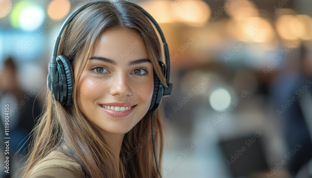 A Smiling woman with headphones in modern workspace, engaged and focused A Smiling woman with headphones in modern workspace, engaged and focused