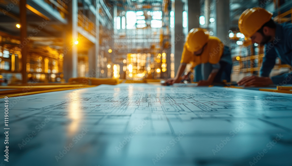 A Construction site meeting with professionals reviewing blueprints and plans