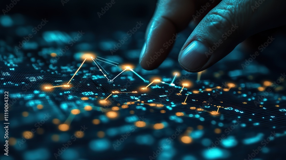 On a blue background, a hand touches an upward arrow on a virtual screen, representing business growth and financial success On a blue background, a hand touches an upward arrow on a virtual screen, representing business growth and financial success