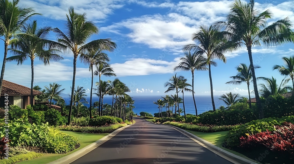Scenic road lined with palm trees leading to ocean view. Scenic road lined with palm trees leading to ocean view.
