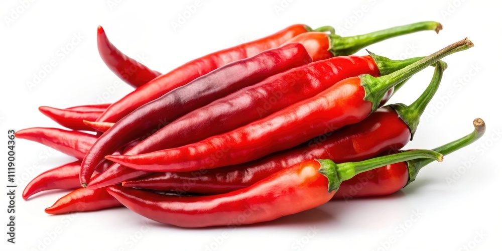 A close-up photo of red hot chili peppers isolated on white background, spicy, red, vibrant, food, ingredient, cooking