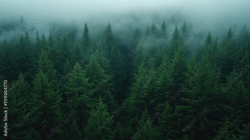 Overhead view of dense, tall trees with rain falling, displaying an expansive green pine forest Overhead view of dense, tall trees with rain falling, displaying an expansive green pine forest