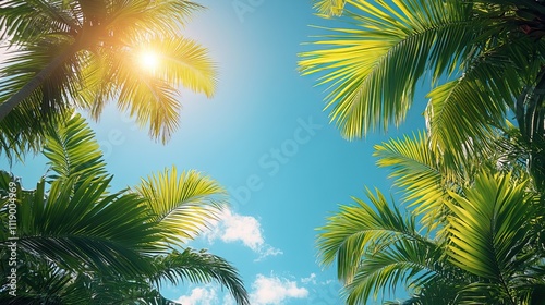Palm trees against a bright blue sky, creating a tropical banner for summer designs