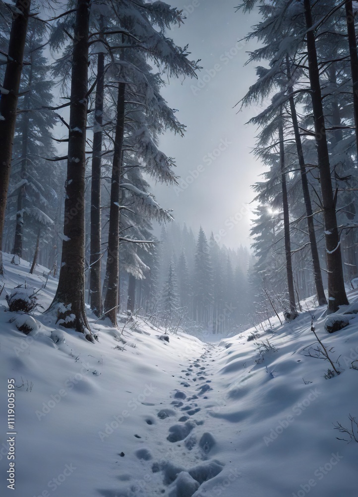 Fototapeta premium Snowy forest landscape on a cold winter's night, frosty landscape, peaceful scene