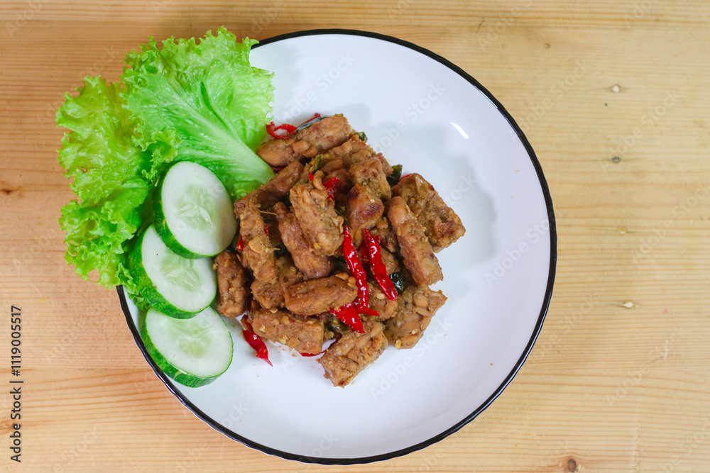 Orek tempe is a typical Indonesian food, specifically a Javanese dish made from tempeh which is cut into cubes or sliced sticks and cooked with special spices, namely Javanese sugar and tamarind. Orek tempe is a typical Indonesian food, specifically a Javanese dish made from tempeh which is cut into cubes or sliced sticks and cooked with special spices, namely Javanese sugar and tamarind.