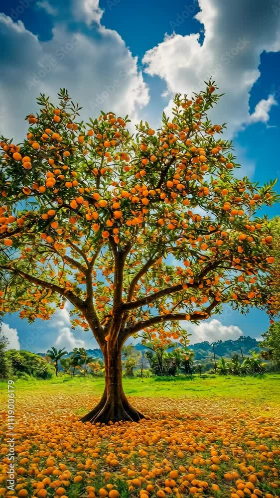 Orange tree stands vibrant with fruit under a bright blue sky in a lush countryside setting