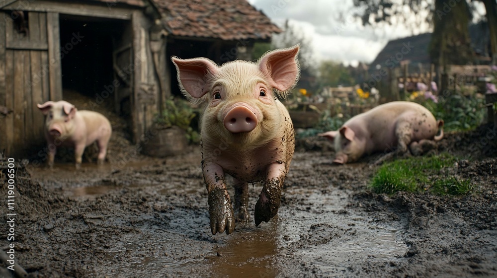Playful piglet leaps in muddy farmyard. Playful piglet leaps in muddy farmyard.