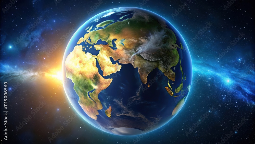 Obraz premium Realistic planet earth showing different continents illuminated by day and night lights, earth, planet, continents, day