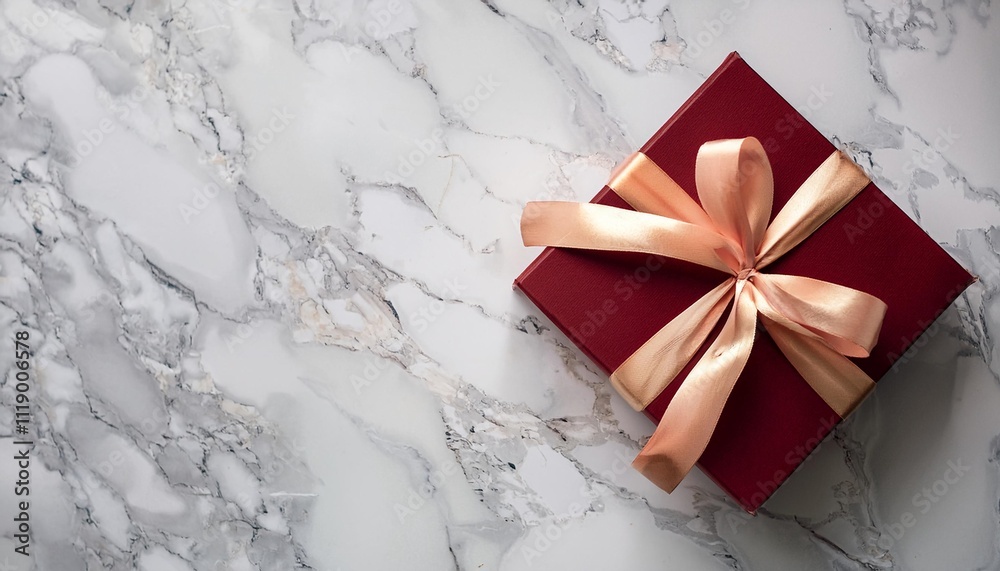 Dark Red Gift Box with Rose Gold Ribbon on Marble Background. Top View of Anniversary Gifts with Copy Space Dark Red Gift Box with Rose Gold Ribbon on Marble Background. Top View of Anniversary Gifts with Copy Space