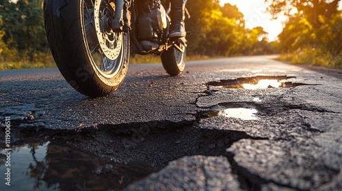 wide-angle view of a motorcyclist navigating around potholes