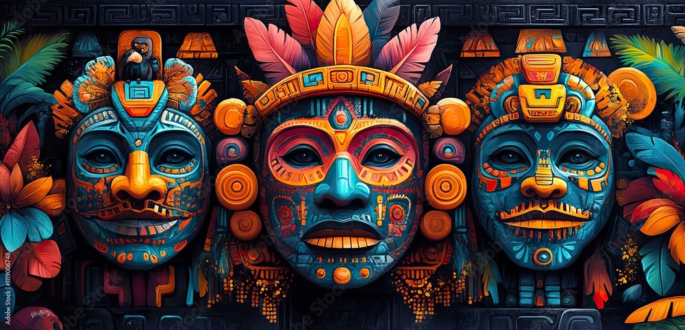 Patterned background with colorful Aztec designs, intricately detailed against a dark backdrop