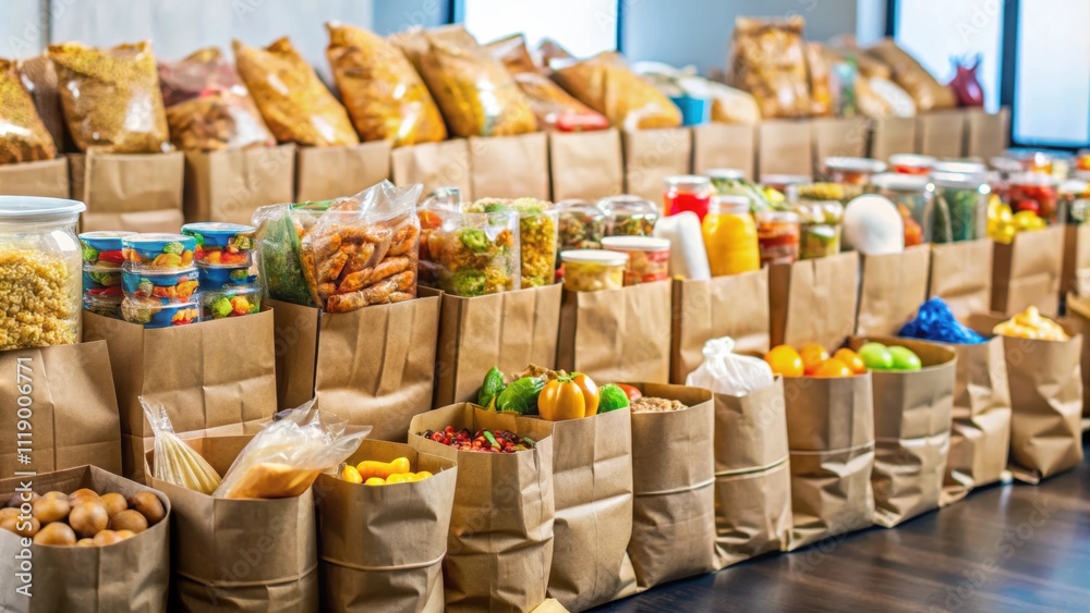 Overflowing grocery bags of donated snacks and meals waiting to be sorted and distributed , Food drive, charity Overflowing grocery bags of donated snacks and meals waiting to be sorted and distributed , Food drive, charity