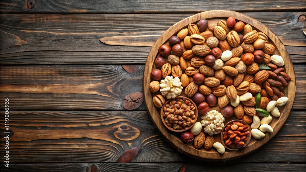 Naklejka premium Assorted nuts on wooden plate with background , nuts, assorted, almonds, walnuts, cashews, pistachios, snack, healthy, organic, gourmet