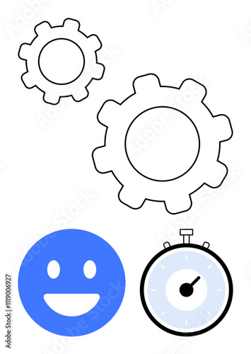 Gears stopwatch and blue happy face. Ideal for themes around productivity, efficiency, happiness, time management, teamwork, workflow optimization, and organizational tools. Line metaphor