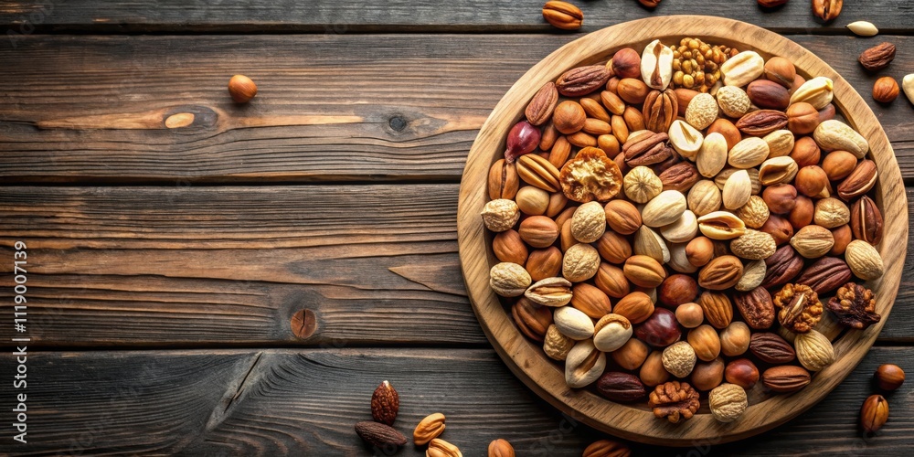 Assorted nuts on a wooden plate with a background, nuts, assortment, walnuts, almonds, cashews, pistachios, pecans Assorted nuts on a wooden plate with a background, nuts, assortment, walnuts, almonds, cashews, pistachios, pecans