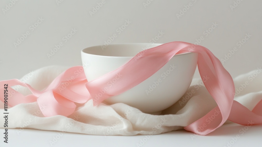 White bowl with pink ribbon on white fabric.