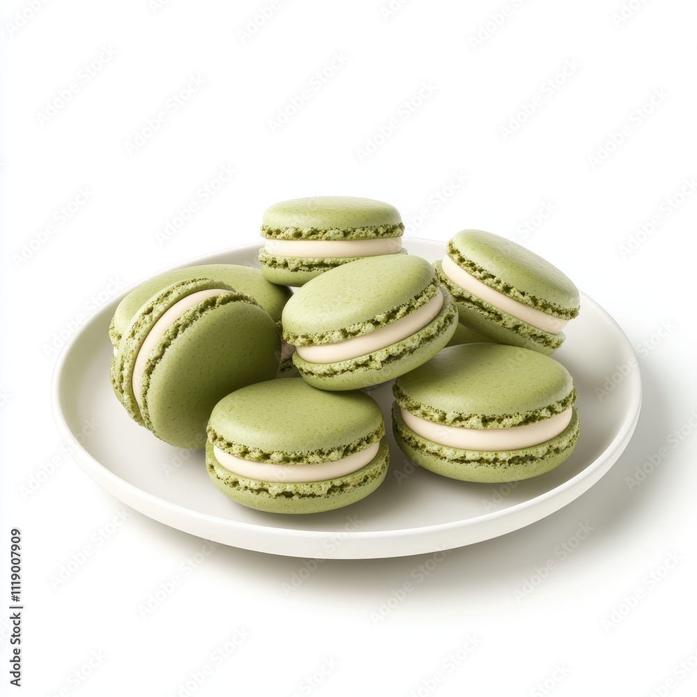A plate of matcha macarons with smooth filling, isolated on white background, symbolizing sophistication and indulgence, ideal for dessert branding A plate of matcha macarons with smooth filling, isolated on white background, symbolizing sophistication and indulgence, ideal for dessert branding