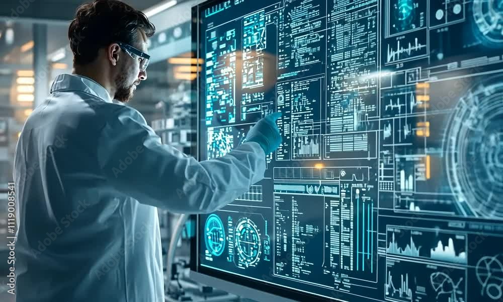A scientist interacting with a high-tech digital interface in a laboratory setting. A scientist interacting with a high-tech digital interface in a laboratory setting.