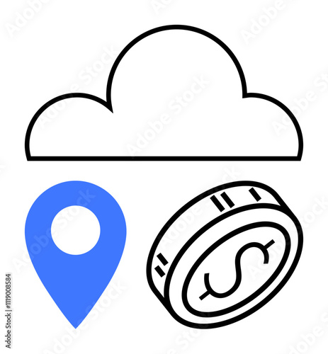 Cloud symbol, blue location pin, and stylized coin with dollar sign. Ideal for cloud computing, data storage, GPS services, online transactions, digital wallets fintech e-commerce. Line metaphor