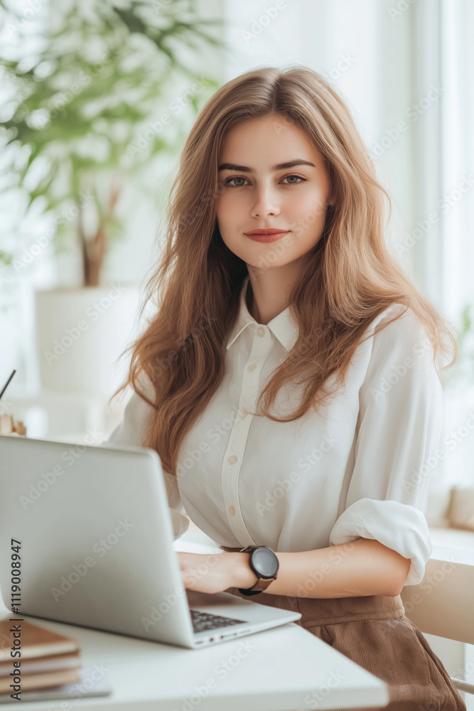Young woman working on laptop in bright office space surrounded by plants. Young woman working on laptop in bright office space surrounded by plants.