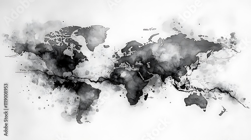 Watercolor world map in grayscale with splatters.