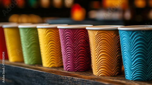 A collection of takeaway coffee or black tea cups arranged in rows, symbolizing energy, routine, and connectivity. Perfect for themes of productivity, workplace culture, or modern lifestyles photo